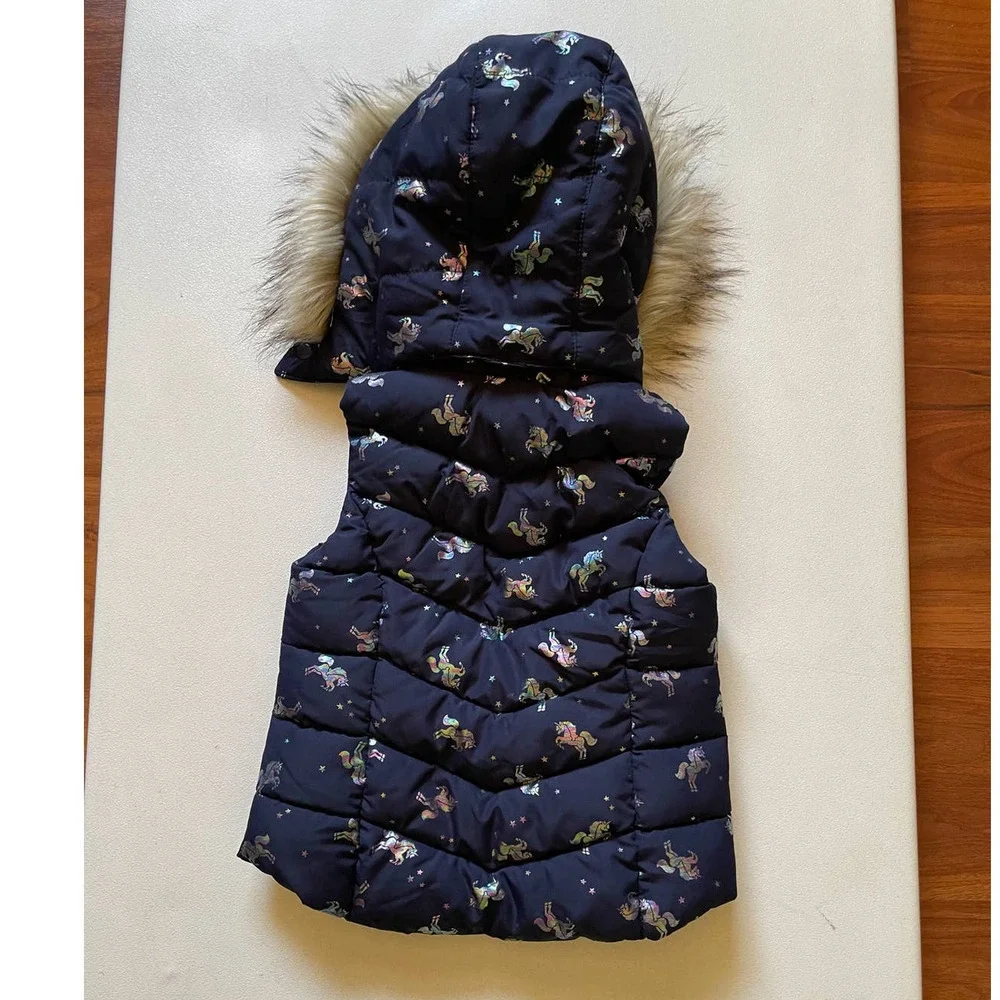 H&M Navy Blue Unicorn Fleece Line Puffer Vest with Fur Lined Hood • Sz 2-4Y 🗣